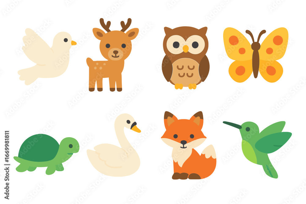 Naklejka premium Sacred Animal Icons. Flat vector mini-illustrations sacred animals in colors children's illustrations: white dove, deer, owl,