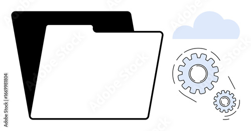 Open file folder beside cloud and rotating gears, symbolizing cloud storage, file organization, digital processes. Ideal for technology, data management, automation, cloud computing, innovation