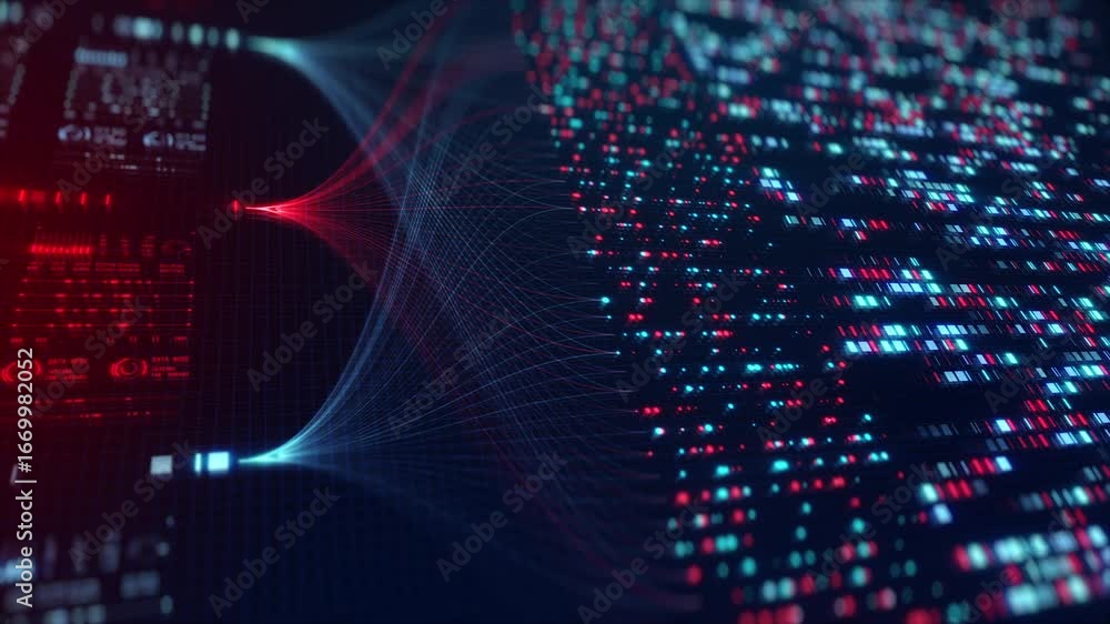 Neural Network Big Data Flow Visualization, Binary Code Matrix, AI Machine Learning Abstract Background, Quantum Computing, Cyber Security, Futuristic Technology Artificial Intelligence Digital Grid