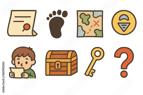 Secret Clue Icons. Flat vector mini-illustrations secret clues in colors children's illustrations: hidden note, footprint, map