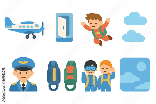 Skydiving Adventure Icons. Flat vector mini-illustrations skydiving aircraft in colors children's illustrations: small airplane,