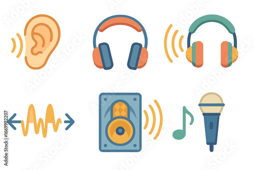 Sound Absorption Icons. Flat vector mini-illustrations sound absorption in colors children's illustrations: ear, headphones,
