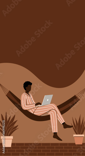 Man in pajamas works from home on a laptop in a hammock, symbolizing comfort, remote business, and a relaxed lifestyle.