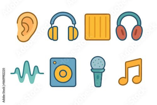 Sound Absorption Icons. Flat vector mini-illustrations sound absorption in colors children's illustrations: ear, headphones,