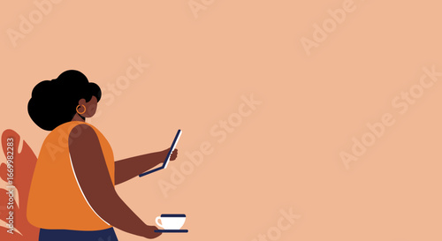 Stylish woman uses digital tablet and enjoys coffee, depicting modern lifestyle, remote work, or a casual business break. Ample copy space.