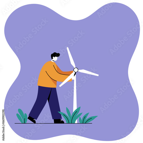 Man interacting with a wind turbine, symbolizing sustainable energy, environmental care, and green technology for a cleaner future.