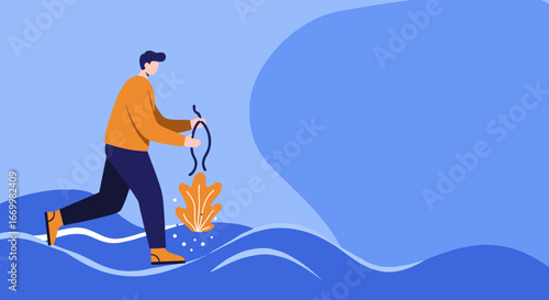 Stylized illustration of a person engaged in outdoor recreation, holding a bow amidst abstract waves and plants. Ideal for themes of hobby, adventure, and lifestyle concepts.