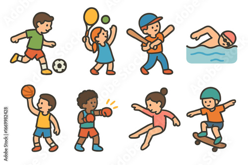 Sports Action Icons. Flat vector mini-illustrations forces in sports in colors children's illustrations: soccer kick, tennis serve