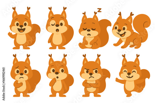 Squirrels' Expressive Emotions. Flat vector mini-illustrations cartoon squirrels in colors children's illustrations: happy