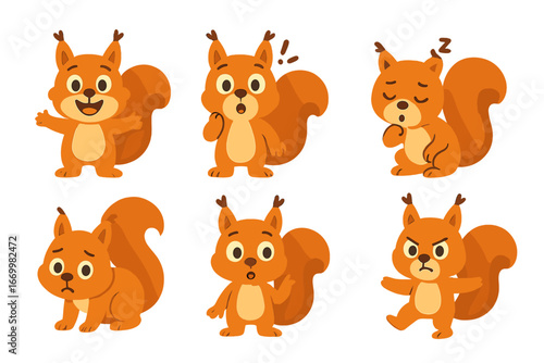 Squirrels' Expressive Emotions. Flat vector mini-illustrations cartoon squirrels in colors children's illustrations: happy