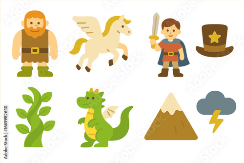 Tall Tales Icons. Flat vector mini-illustrations tall tales in colors children's illustrations: giant, flying horse, hero with