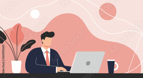Professional businessman working diligently on his laptop in a modern, abstract office setting. Ideal for themes of remote work, technology, and corporate productivity.