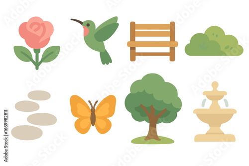 Tranquil Garden Icons. Flat vector mini-illustrations tranquil garden in colors children's illustrations: blooming rose,