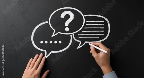 Hand-drawn thought bubbles on a dark surface, depicting communication and questions.