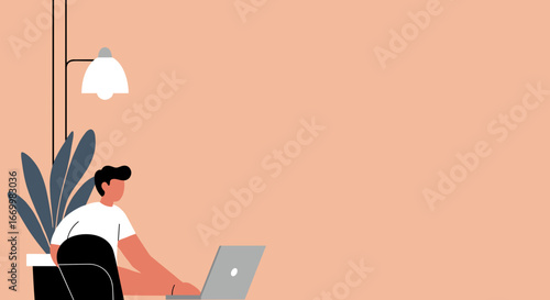 Man working diligently on laptop in a modern, calm environment. Ideal for themes of remote work, productivity, online learning, and digital lifestyle.