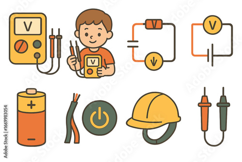 Voltage Measurement Fun. Flat vector mini-illustrations voltage measurement in colors children's illustrations: voltmeter device,