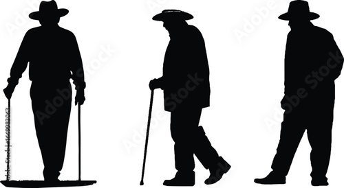 Silhouette of Old Man Walking with Cane and Hat Isolated on White Background