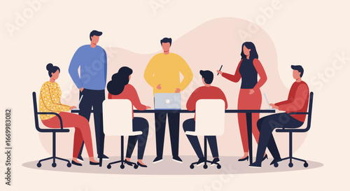 Diverse business professionals collaborate in a dynamic office meeting. Colleagues discuss ideas, plan strategies, and foster teamwork for corporate success.