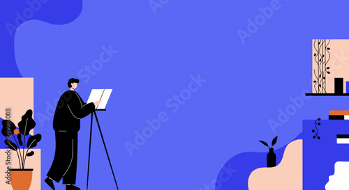 Creative individual drawing on an easel in a modern, minimalist home studio. Illustrates artistic passion, remote work, or a focused hobby in a stylish, abstract environment.