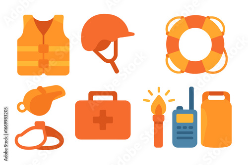 Water Safety Essentials. Flat vector mini-illustrations water safety in colors children's illustrations: life jacket, helmet,