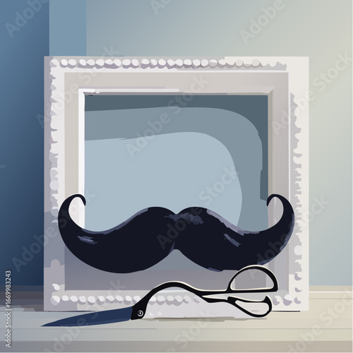 Vector Illustration of a Dapper Mustached Man with Scissors and Dotted Frame, Stylish Grooming Theme, Creative Design Element.