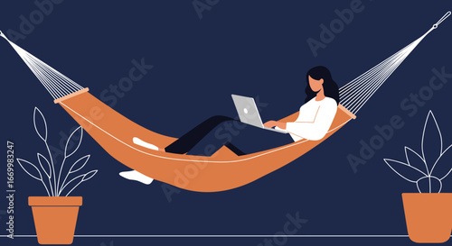 Woman working remotely on a laptop in a comfortable hammock, illustrating flexible work-life balance and relaxed productivity. Ideal for lifestyle and business concepts.