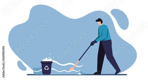 Man cleaning water and collecting waste into a recycling bin. Concept of environmental protection, sustainability, and community action for a cleaner future.