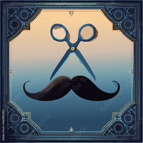 gentleman's mustache dotted frame and scissors VECTOR