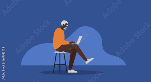Elderly Black man diligently working on a laptop, representing modern retirement, remote work, or senior engagement with technology. Ideal for business, education, or lifestyle content.