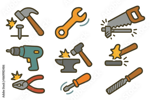 Workshop Tools Icons. Flat vector mini-illustrations clang in workshop sounds in colors children's illustrations: hammer on nail,
