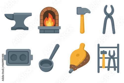 Workshop Tools Icons. Flat vector mini-illustrations cast iron workshop tools in colors children's illustrations: cast iron anvil,