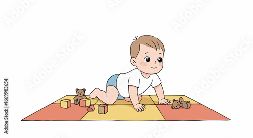 Baby boy crawling on colorful playmat with toys scattered around  