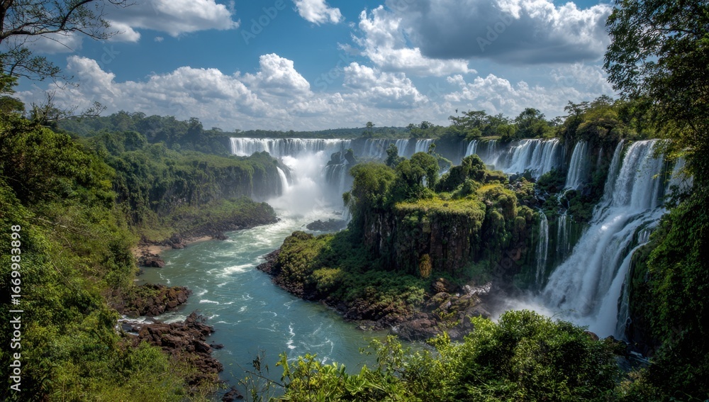 Fototapeta premium Majestic waterfall cascading over lush green cliffs under a bright cloudy sky