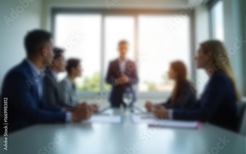 Blur office meeting blurred background with business people working group in boardroom discussion for teamwork brainstorming, executive seminar or professional training in small startup enterprise