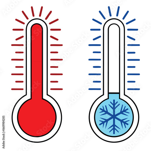 Hot and cold thermometer icons showing temperature heat and cold weather measurement 
