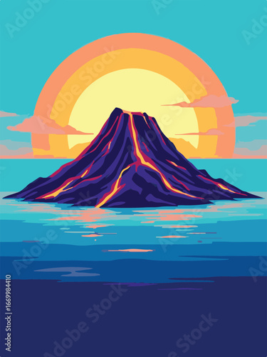 Active Volcano Eruption with Sunset Background