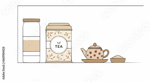 Tea packaging and teapot with sugar bowl on minimalist shelf  