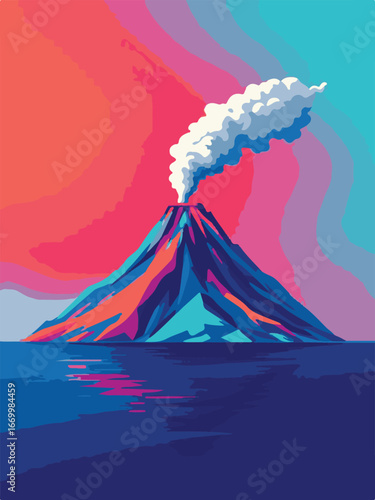 Active Volcano Eruption with Sunset Background