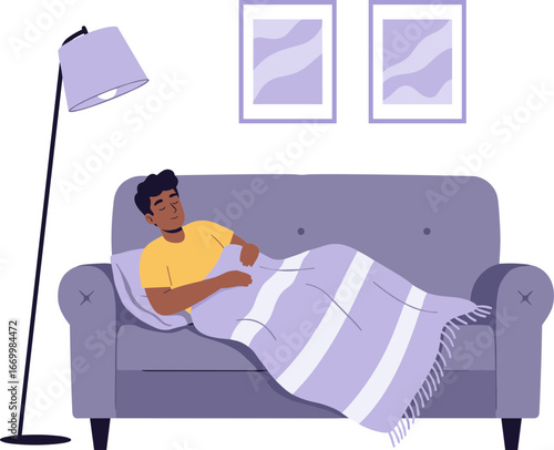 Young man sleeping on sofa under blanket in cozy living room  