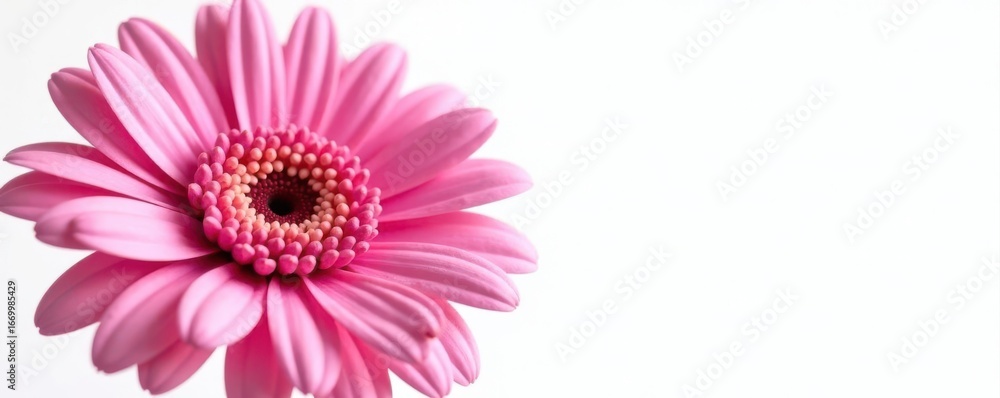 Fototapeta premium Vibrant pink gerbera daisy, petals unfurled, pure white backdrop , daisy, elegant, petals