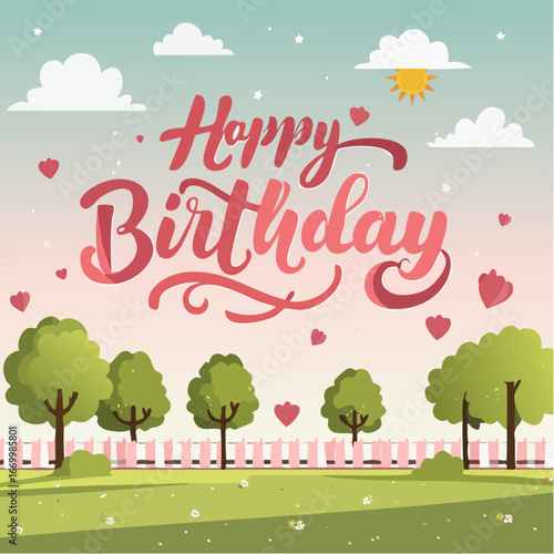 Happy Birthday card with pink decorative inscription