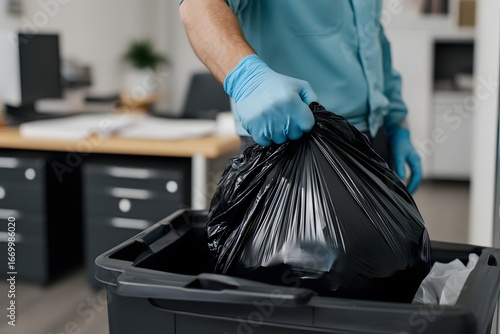 Janitor Emptying Trash Bin in Office Workspace