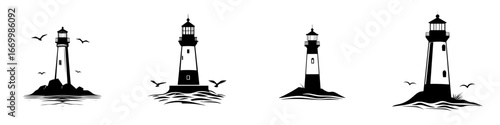 Lighthouses standing tall along the coast with birds flying overhead and waves crashing on nearby rocks