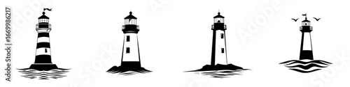 Lighthouses standing tall by the coastline with waves crashing around them under a clear sky