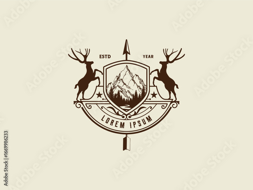 Shield deer,  arrowhead badge, emblem, for wilderness hunting adventure logo design vector
