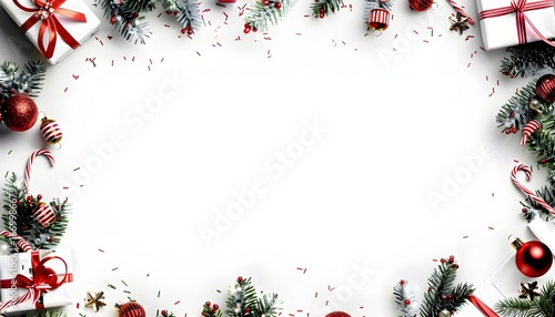 Creative frame made of Christmas fir branches, gift boxes, red decoration, sparkles and confetti on white background. Xmas and New Year holiday, bokeh, light. Flat lay, top view 