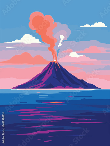 Active Volcano Eruption with Sunset Background