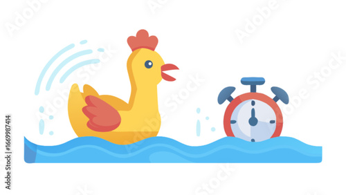 Whimsical rubber ducky floating merrily alongside a classic alarm clock in playful blue water, evoking nostalgia and a carefree feeling, perfect for children's themes