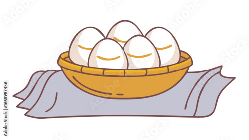 Delightful eggs in woven basket resting on soft fabric, ready for Easter celebrations and spring baking, perfect for culinary arts and festive designs with a charming, whimsical touch