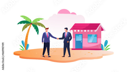 Two businessmen shaking hands on tropical beach, sealing deal for island property, vacation rental investment success, vibrant modern business illustration, partnership concept